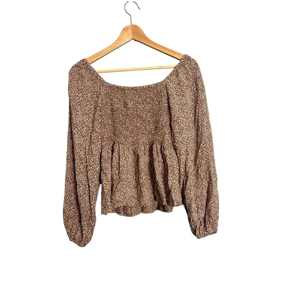 Japna Boho Brown Floral‎ Smocked Peplum Blouse S - Picture 4 of 4